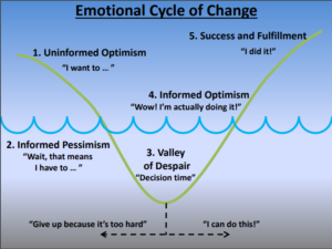 Depicts a curve that begins at the top left, then dips down after a slight rise. a horizontal 'water line' appears across the middle of the graph. The curve dips down below the water line and then climbs back up to the right. Five stages are labeled: Uninformed optimism, Informed pessimism, Valley of Despair (which contains a choice of whether to give up or stick it out), Informed optimism, and finally success and fulfilment.